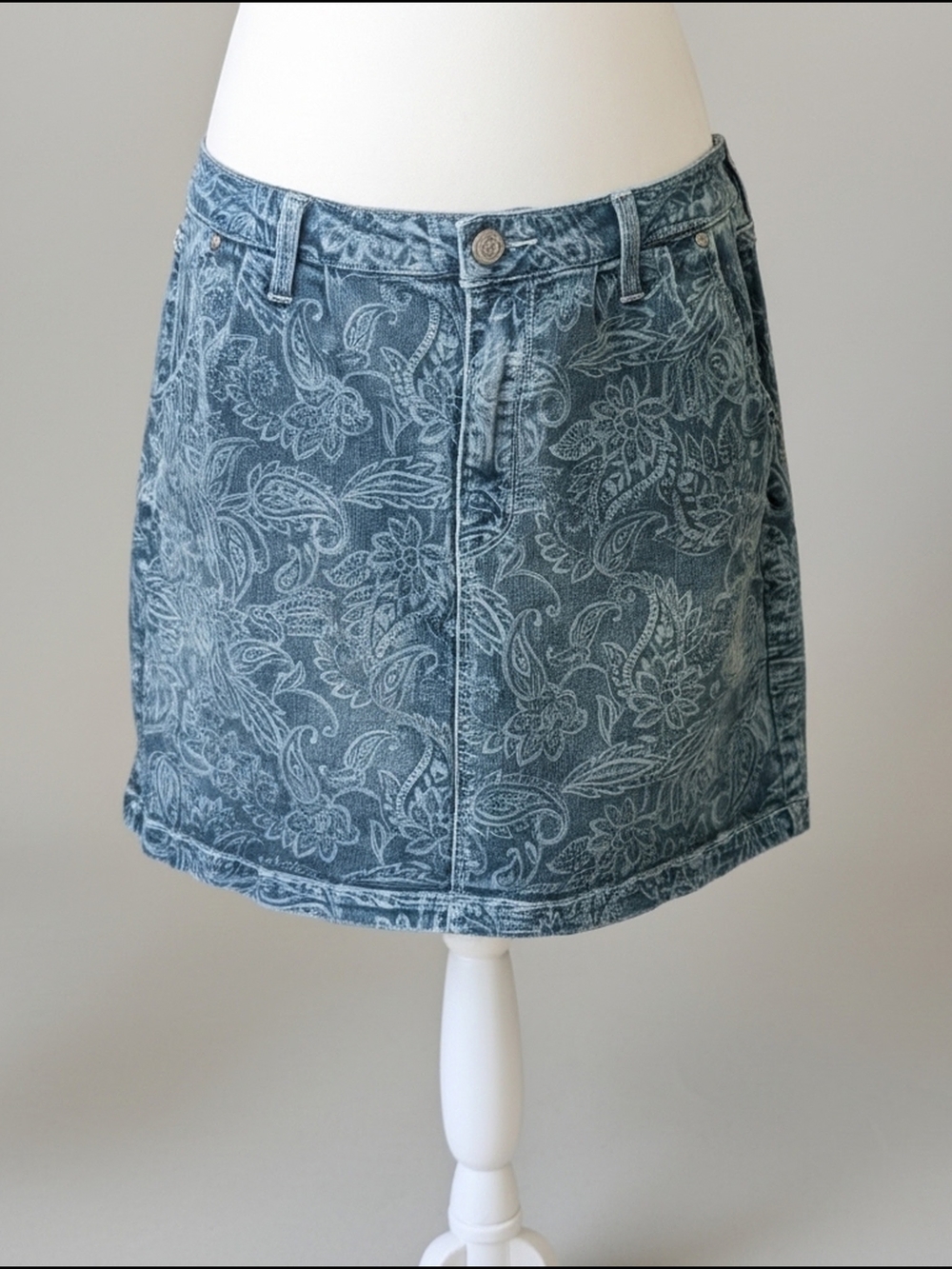 Seven7 Blue Paisley Printed Denim Low Rise Delancey Mini Skirt